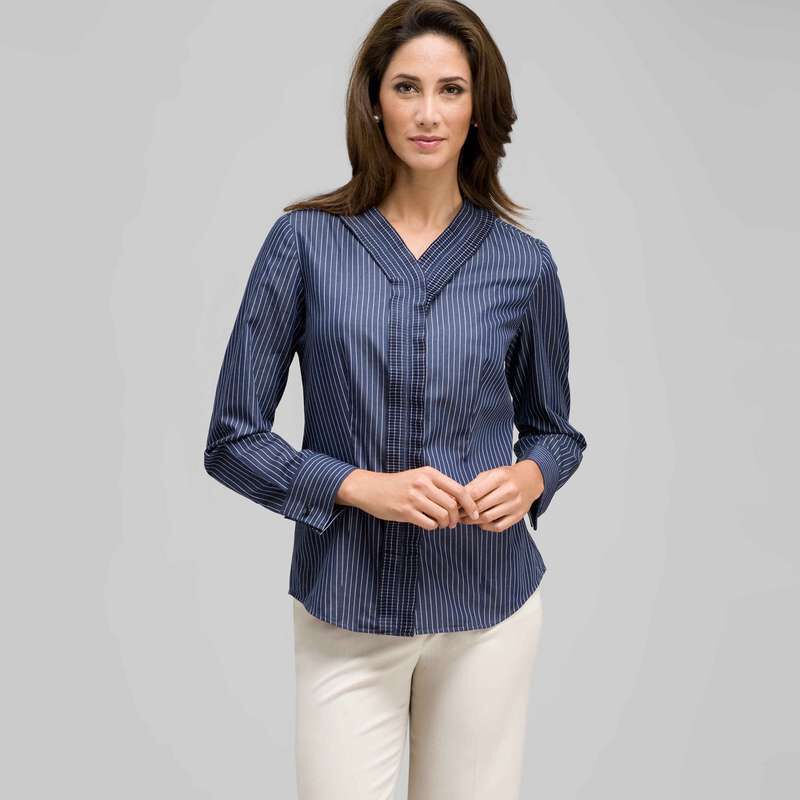 Striped Pleated Ruffle Front Shirt, , large