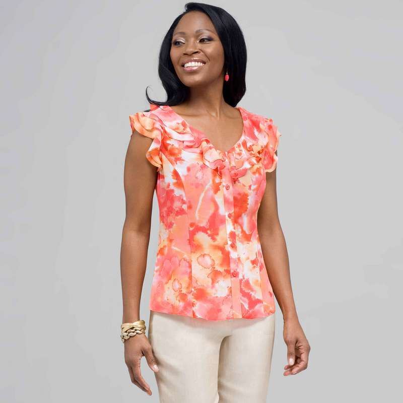 Ruffle Neckline Button Down Blouse, , large